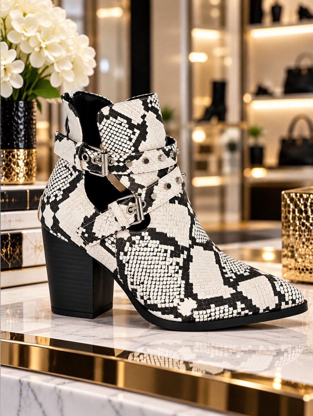 ⭐️NWOT⭐️Black & White Snakeskin Western Cutout Buckle Ankle Boots-Sz 7.5
